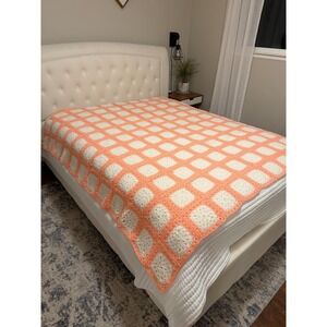 Vintage Afghan Blanket Cottagecore Handmade Crochet 76"x75" Orange/peach & White